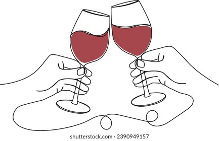 continuous single line drawing of hands clinking glasses with red wine, line art vector illustration