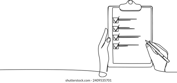 continuous single line drawing of hands holding clipboard with checklist, line art vector illustration