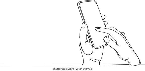 dibujo continuo de una sola línea de manos sosteniendo el teléfono inteligente, ilustración vectorial de arte de línea