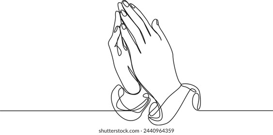 continuous single line drawing of hands clasped in prayer, line art vector illustration