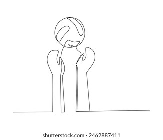 Continuous single line drawing of hands trying to block a volleyball over the net. sport training concept. volleyball competition design vector illustration