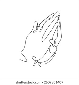 continuous single line drawing of hands clasped in prayer, line art vector illustration