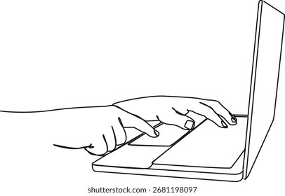 Dibujo continuo de una sola línea de manos de persona usando computadora portátil, Ilustración vectorial de arte lineal