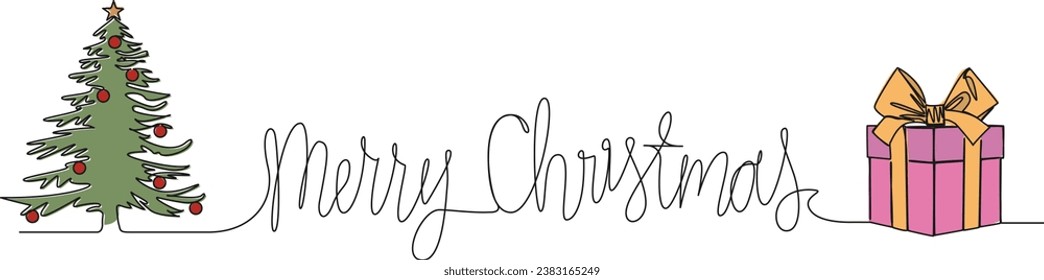 fortlaufende Einzelzeilenzeichnung der handgeschriebenen Wörter MERRY CHRISTMAS mit Weihnachtsbaum und Geschenkbox, Vektorgrafik-Illustration