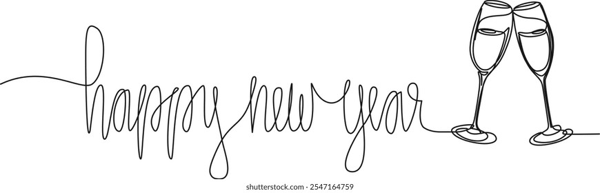 dibujo continuo de una sola línea de palabras escritas a mano FELIZ AÑO NUEVO y copas de champán tintineando, Ilustración vectorial de arte de línea