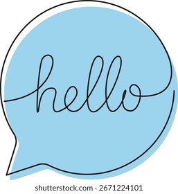 continuous single line drawing of handwritten word HELLO in speech bubble, line art vector illustration