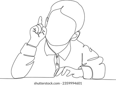 Continuous single line drawing. Happy boy sitting in class raises his hand. Vector illustration. back to school. A schoolgirl raises her hand and writes at the table. the first day at school.