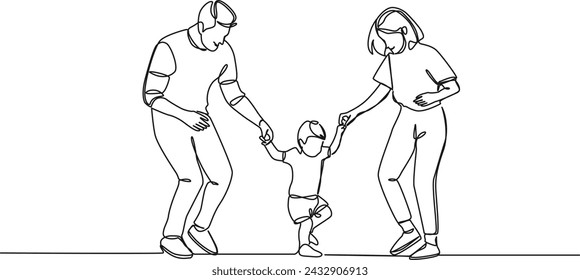 continuous single line drawing of happy parents having fun with their toddler, line art vector illustration