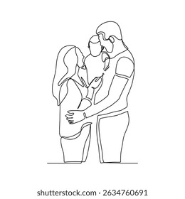 Continuous single line drawing of happy family couple dad and mom with baby kids newborn toddler. Vector illustration sketch editable stroke