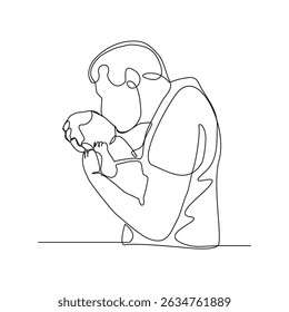 Continuous single line drawing of happy dad with baby kids newborn toddler. Vector illustration sketch editable stroke
