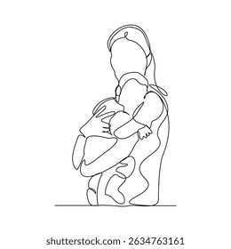 Desenho de linha única contínua de mãe feliz com bebê crianças recém-nascidas criança. Traçado editável de esboço de ilustração vetorial