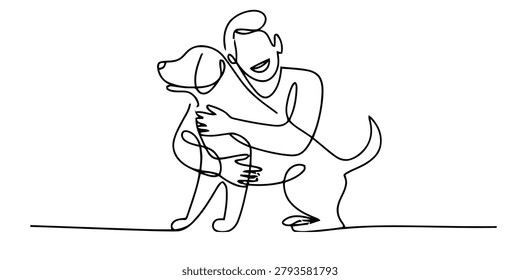 Continuous single line drawing of a happy man hugging his loyal dog best friend showing love and friendship between human and pet Vector, illustration
