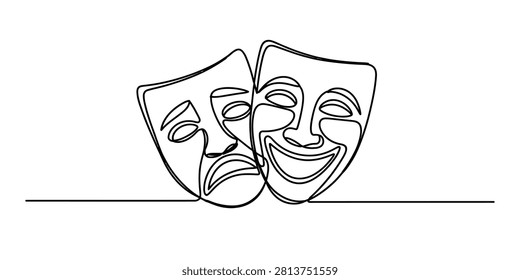 Continuous single line drawing of happy and sad theater masks representing drama comedy and tragedy acting performance art Vector, illustration