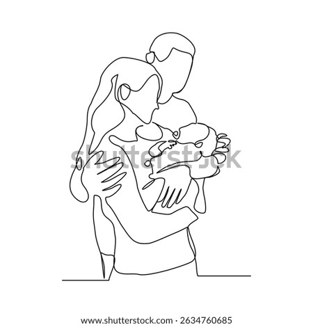 Continuous single line drawing of happy family couple dad and mom with baby kids newborn toddler. Vector illustration sketch editable stroke
