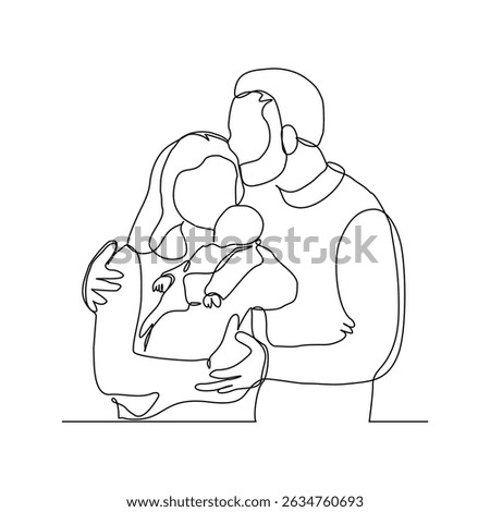 Continuous single line drawing of happy family couple dad and mom with baby kids newborn toddler. Vector illustration sketch editable stroke