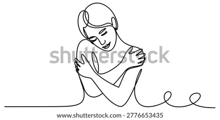 Continuous single line drawing of a happy woman hugging herself showing self love and care Vector, illustration