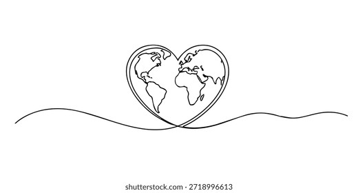 Desenho contínuo em linha única de uma Terra em forma de coração com continentes detalhados, simbolizando o amor global, a unidade, a paz e o cuidado com o mundo.