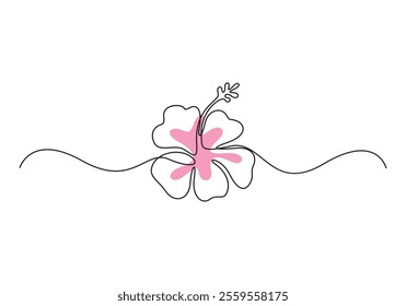 Continuous single line drawing of hibiscus flower. Floral abstract symbol in simple linear style. Organic red herbal tea concept in editable stroke. Vector illustration