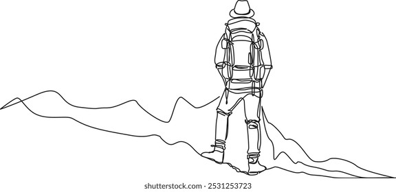 continuous single line drawing of hiker with backpack in mountains, line art vector illustration