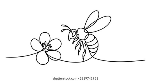 Continuous single line drawing of a honey bee flying near a small flower
