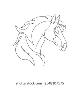 Dibujo continuo de una sola línea de cabeza de caballo unicornio semental mamífero animal fauna silvestre zoo sketch Ilustración vectorial