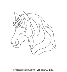 Dibujo continuo de una sola línea de cabeza de caballo unicornio semental mamífero animal fauna silvestre zoo sketch Ilustración vectorial