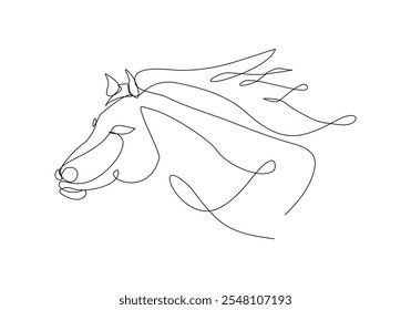 Dibujo continuo de una sola línea de cabeza de caballo unicornio semental mamífero animal fauna silvestre zoo sketch Ilustración vectorial