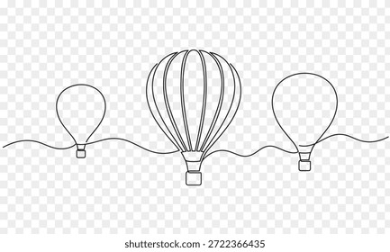 Desenho de linha única contínua de balões de ar quente voando, Ilustração de arte vetorial minimalista para viagens, aventura e conceito de liberdade, elemento de design gráfico linear moderno