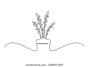 Continuous single line drawing of house plant in a pot. Isolated on white background vector illustration