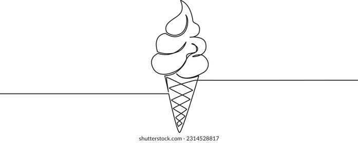 continuous single line drawing of ice cream cone with soft serve, line art vector illustration