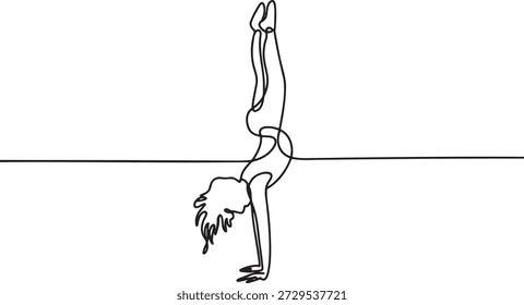 Kontinuierliche einzeilige Zeichnung, die eine weibliche Figur mit akrobatischem Handstand zeigt. Dynamische Form, die Flexibilität und athletische Gleichgewichtsübungen darstellt.