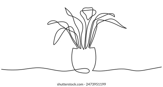 Dibujo continuo de una sola línea de la flor interior. Planta interior en una maceta sobre un fondo blanco. Ilustración vectorial del confort del hogar