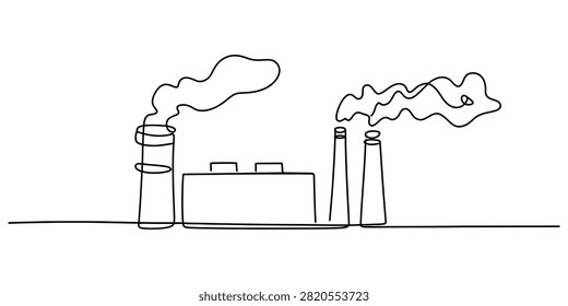 Continuous single line drawing of an industrial factory building with smoking chimneys and heavy air pollution clouds Vector, illustration