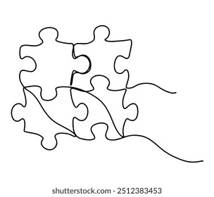 continuous single line drawing of jigsaw puzzle pieces isolated on transparent background. vector illustration