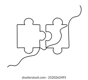 continuous single line drawing of jigsaw puzzle pieces isolated on transparent background. vector illustration