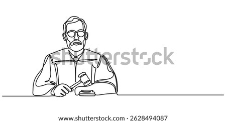 continuous single line drawing of a judge with a gavel and a pedestal, line art vector illustration, Continuous Line Drawing of Judge Icon. Hand Drawn Symbol Vector Illustration, male auctioneer stand