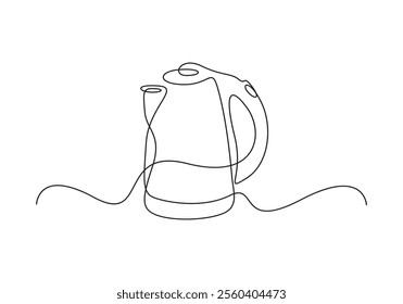 Continuous single line drawing of kettle with handle. Camping cooking equipment gas stove kettle. Vector illustration