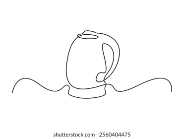 Continuous single line drawing of kettle with handle. Camping cooking equipment gas stove kettle. Vector illustration