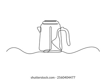 Continuous single line drawing of kettle with handle. Camping cooking equipment gas stove kettle. Vector illustration