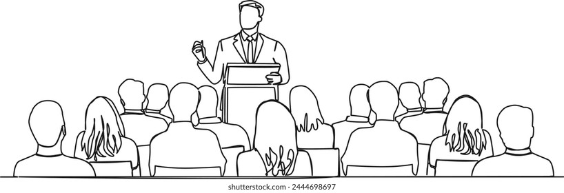 continuous single line drawing of keynote speaker and audience at business conference, line art vector illustration