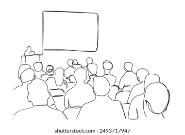 Continuous single line drawing of keynote speaker and audience at business conference, line art vector illustration.