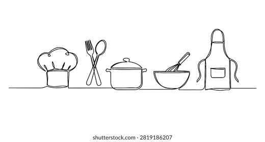 Continuous single line drawing of kitchen utensils chef hat apron and cooking tools Vector, illustration