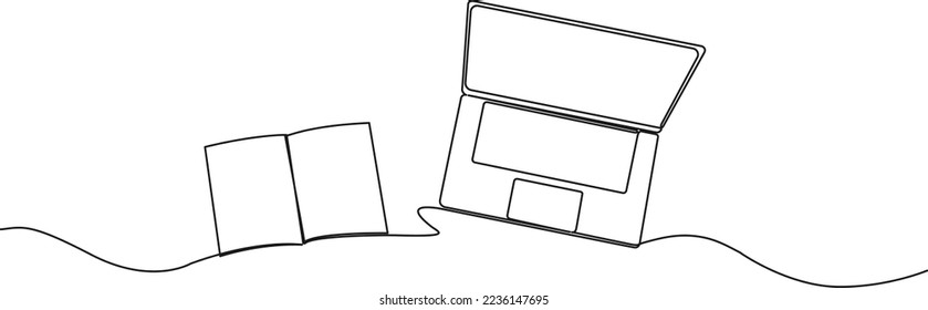 dibujo continuo de una sola línea de computadora portátil y libro o diario, ilustración vectorial