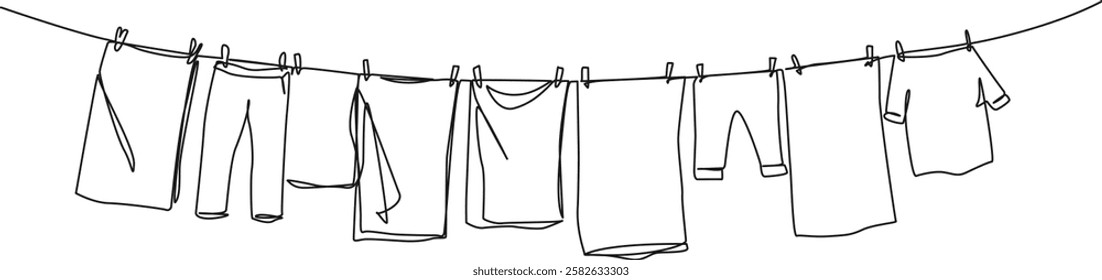 continuous single line drawing of laundry on clothesline, line art vector illustration