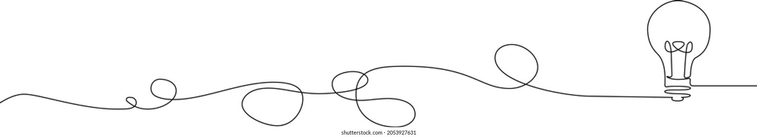 continuous single line drawing of light bulb with tangled cord, line art vector illustration