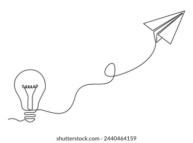 Continuous single line drawing of light bulb and paper plane. Isolated on white background vector illustration.