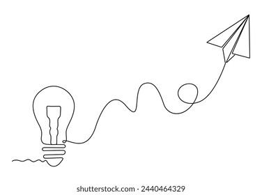 Continuous single line drawing of light bulb with paper plane. Isolated on white background vector illustration.
