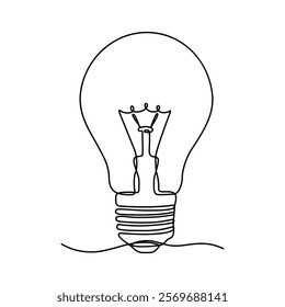 Continuous single line drawing of light bulb. Lightning electric power in continuous one line art drawing concept. Minimal icon design. Vector illustration isolated on a white background.
