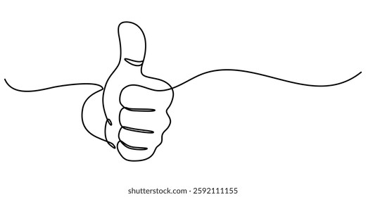 Continuous single line drawing of like icon. Thumb up one line drawing. Thumb up icon. Vector illustration, Hand showing like and great sign in simple linear style. Finger up symbol in editable stroke
