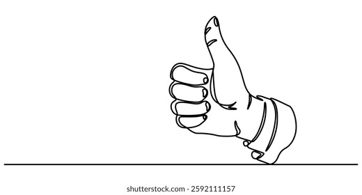 Continuous single line drawing of like icon. Thumb up one line drawing. Thumb up icon. Vector illustration, Hand showing like and great sign in simple linear style. Finger up symbol in editable stroke